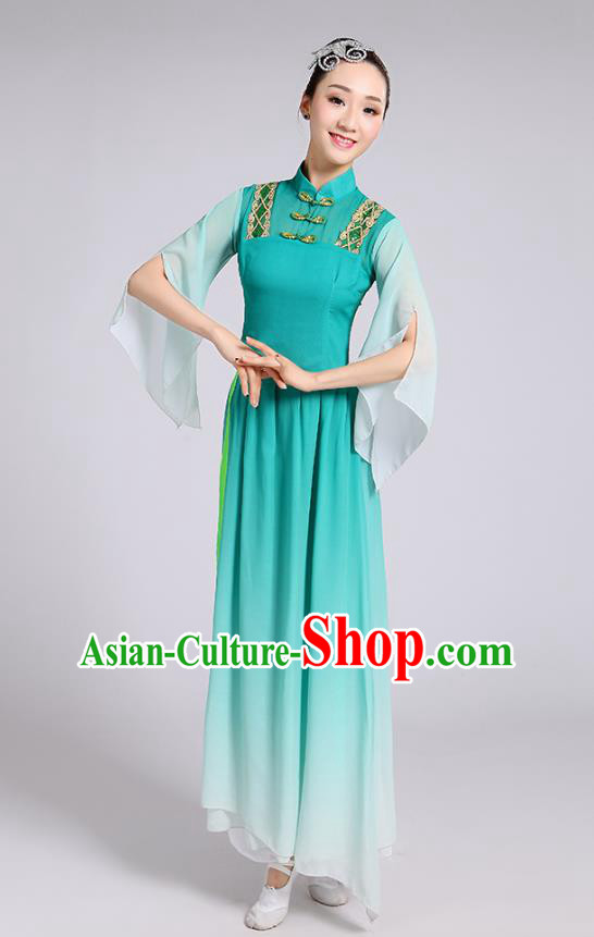 Traditional Chinese Yangge Fan Dance Costume, Chinese Classical Umbrella Dance Green Uniform Yangko Embroidery Clothing for Women