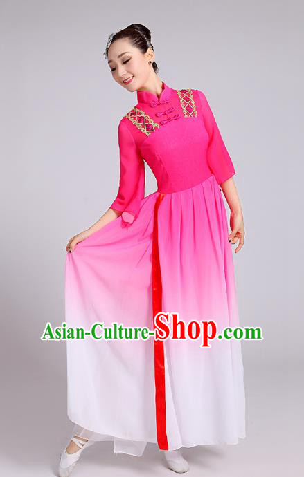 Traditional Chinese Yangge Fan Dance Costume, Chinese Classical Umbrella Dance Pink Chiffon Dress Yangko Embroidery Clothing for Women