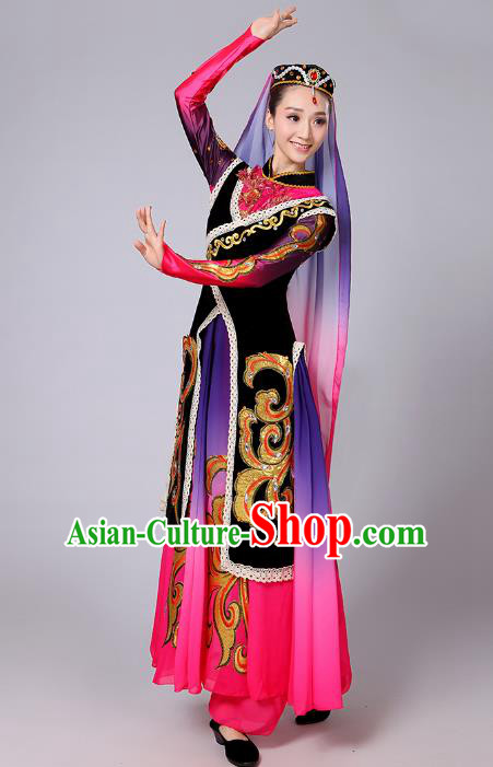 Traditional Chinese Uyghur Nationality Dancing Costume, Folk Dance Ethnic Dress Chinese Minority Nationality Uigurian Dance Clothing for Women