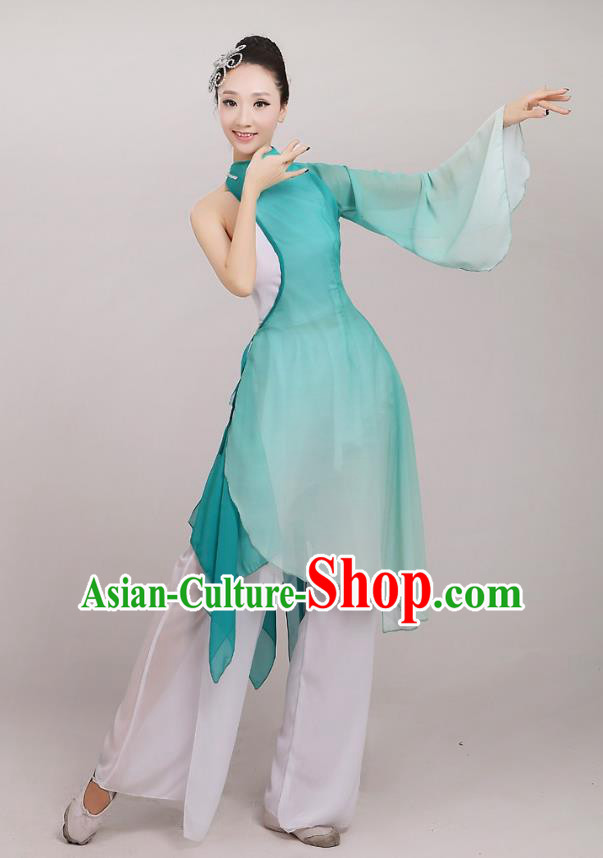 Traditional Chinese Folk Dance Costume Yangge Dance Green Chiffon Uniform, Chinese Classical Fan Dance Umbrella Dance Yangko Embroidery Clothing for Women