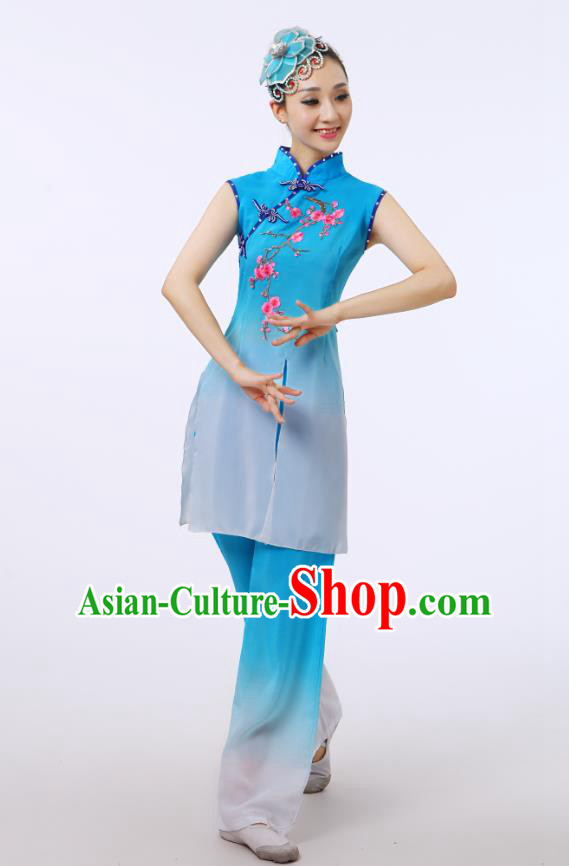 Traditional Chinese Folk Dance Costume Yangge Dance Blue Uniform, Chinese Classical Fan Dance Umbrella Dance Yangko Embroidery Cheongsam Clothing for Women
