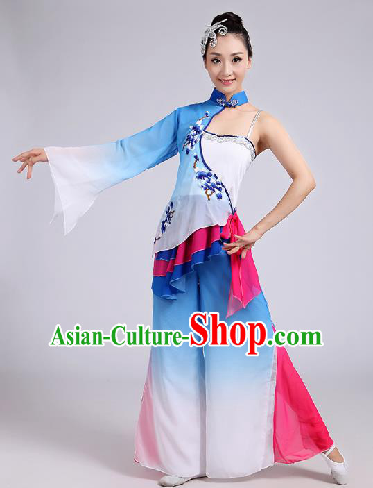 Traditional Chinese Folk Dance Costume Yangge Dance Uniform, Chinese Classical Fan Dance Umbrella Dance Yangko Embroidery Blue Clothing for Women