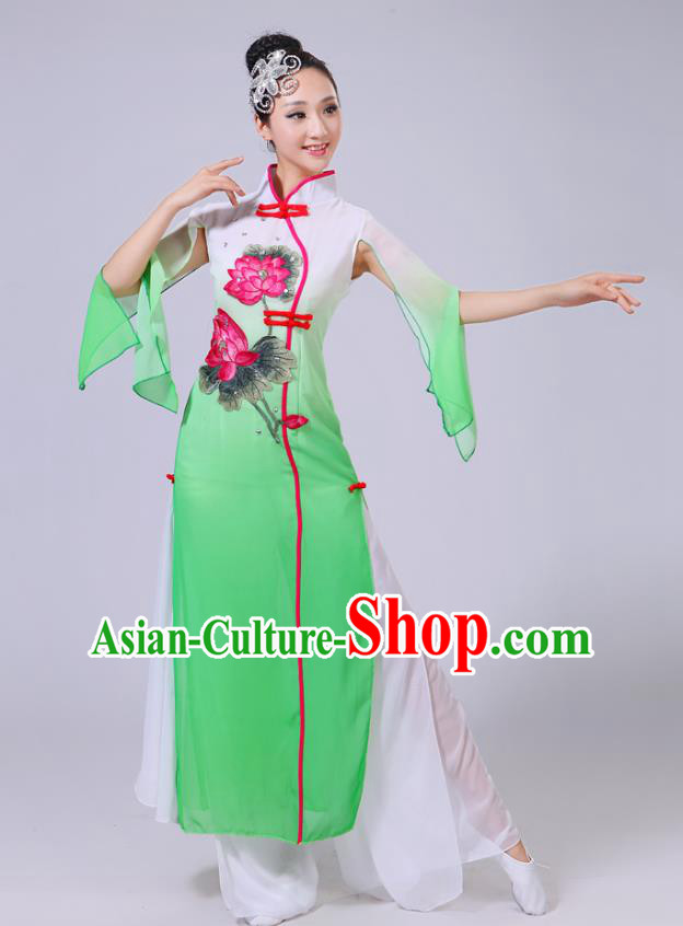 Traditional Chinese Folk Dance Costume Yangge Dance Printing Lotus Green Uniform, Chinese Classical Fan Dance Umbrella Dance Yangko Clothing for Women