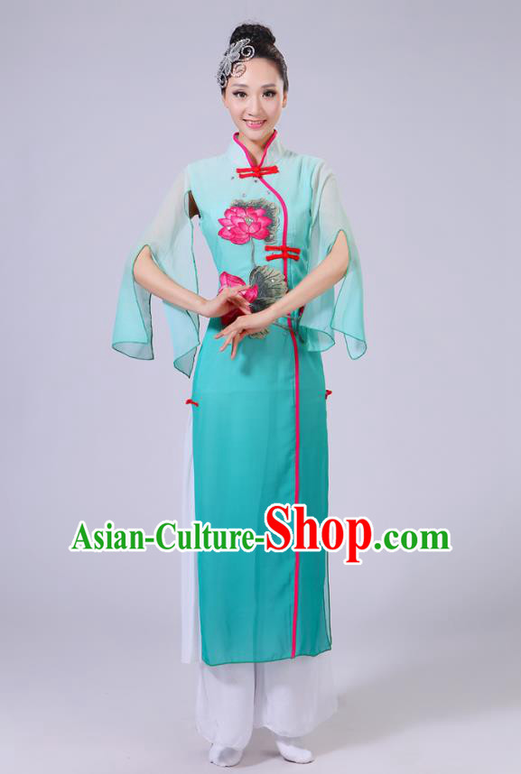 Traditional Chinese Folk Dance Costume Yangge Dance Printing Lotus Peacock Green Uniform, Chinese Classical Fan Dance Umbrella Dance Yangko Clothing for Women