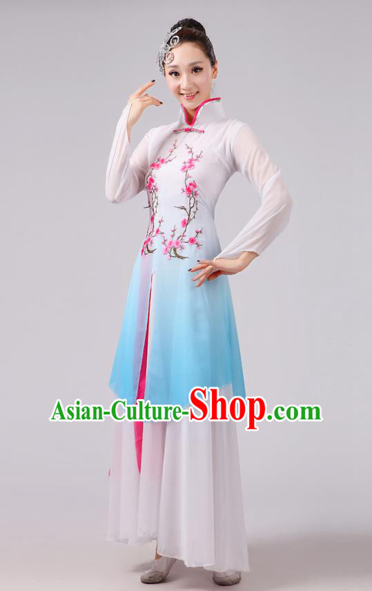 Traditional Chinese Folk Dance Costume Yangge Dance Embroidery Plum Blossom Uniform, Chinese Classical Fan Dance Umbrella Dance Yangko Blue Clothing for Women