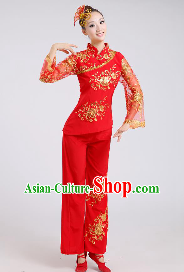 Traditional Chinese Folk Dance Costume Yangge Dance Red Uniform, Chinese Classical Fan Dance Drum Dance Yangko Clothing for Women