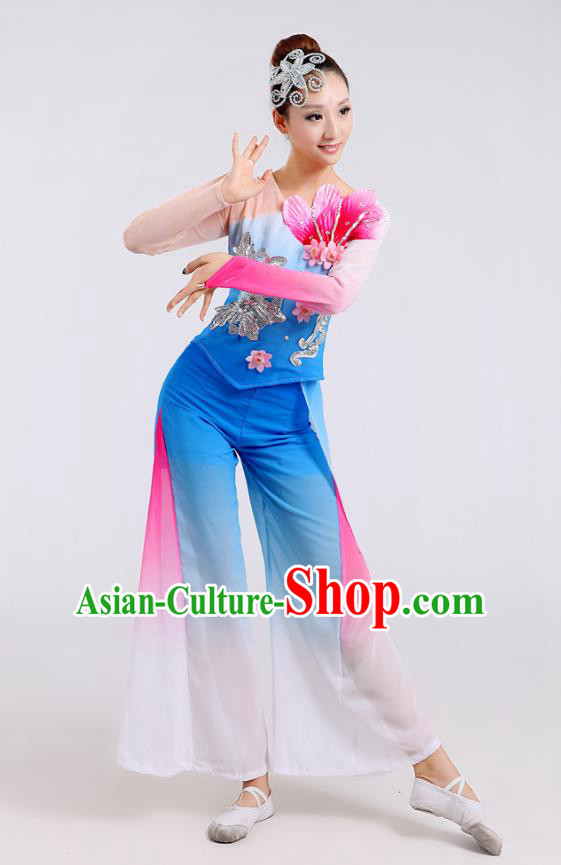 Traditional Chinese Folk Dance Costume Yangge Dance Blue Jasmine Flower Uniform, Chinese Classical Fan Dance Drum Dance Yangko Clothing for Women