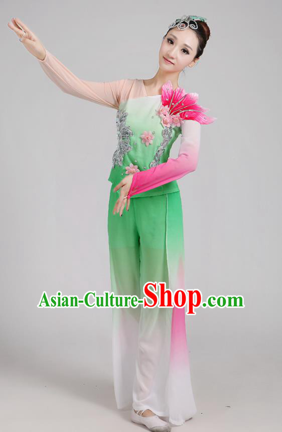 Traditional Chinese Folk Dance Costume Yangge Dance Green Jasmine Flower Uniform, Chinese Classical Fan Dance Drum Dance Yangko Clothing for Women