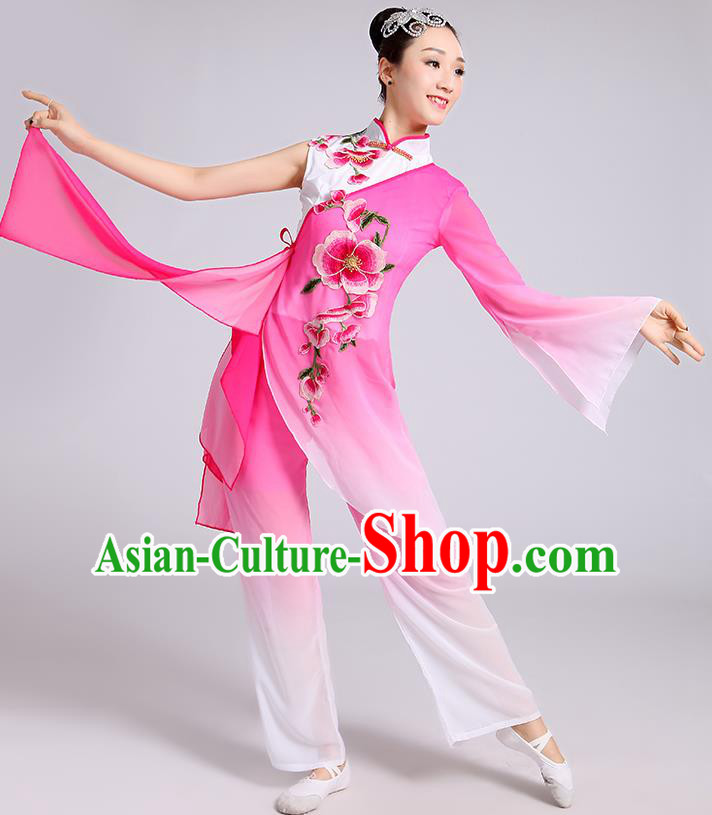 Traditional Chinese Classical Dance Yangge Fan Dance Costume, Chinese Classical Umbrella Dance Pink Uniform Yangko Embroidery Clothing for Women