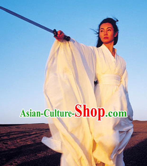 Traditional Chinese Ancient Female Swordsman Costume, Chinese Qin Dynasty Kawaler Hanfu White Dress Clothing for Women