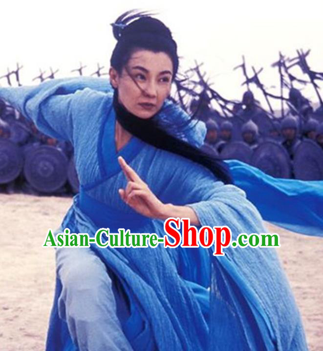 Traditional Chinese Ancient Female Swordsman Costume, Chinese Qin Dynasty Kawaler Hanfu Blue Dress Clothing for Women