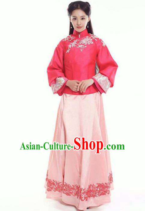 Traditional Chinese Ancient Nobility Lady Costume Rosy Blouse and Pink Skirt, Elegant Hanfu Clothing Chinese Republic of China Young Lady Embroidery Cheongsam Clothing