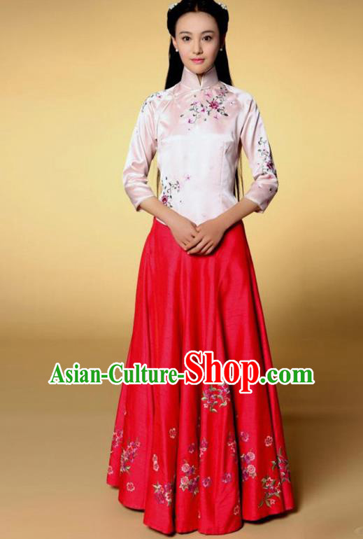 Traditional Chinese Ancient Nobility Lady Costume Pink Blouse and Red Skirt, Elegant Hanfu Clothing Chinese Republic of China Young Lady Embroidery Cheongsam Clothing