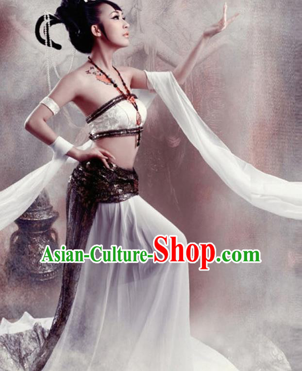 Traditional Ancient Chinese Dunhuang Flying Apsaras Dance White Costume, Elegant Hanfu Clothing Chinese Palace Lady Fairy Clothing for Women