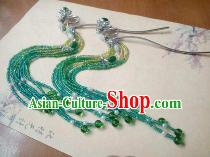 Traditional Chinese Ancient Classical Handmade Hair Accessories Barrettes Princess Green Palace Tassel Hairpin, Hanfu Step Shake Hair Fascinators Hairpins for Women