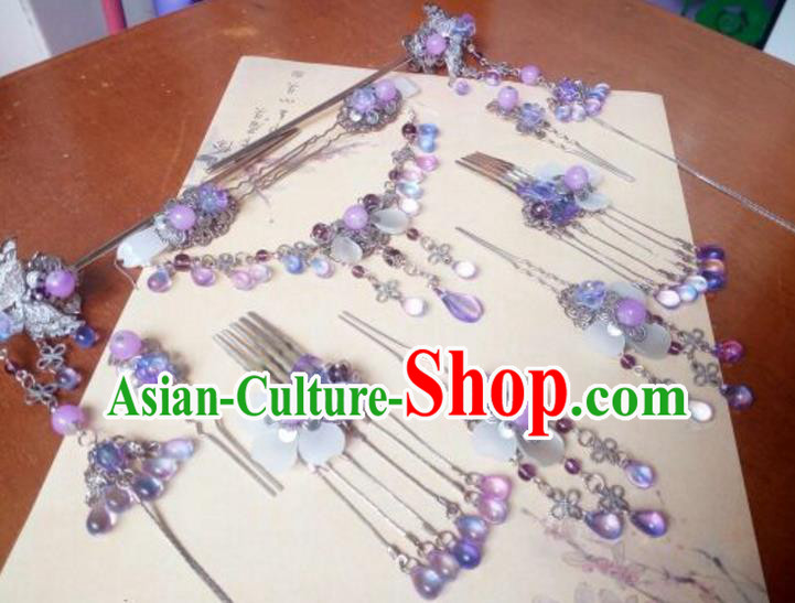 Traditional Chinese Ancient Classical Handmade Hair Accessories Complete Set Princess Purple Grass Tassel Hair Comb, Hanfu Step Shake Hair Fascinators Hairpins for Women