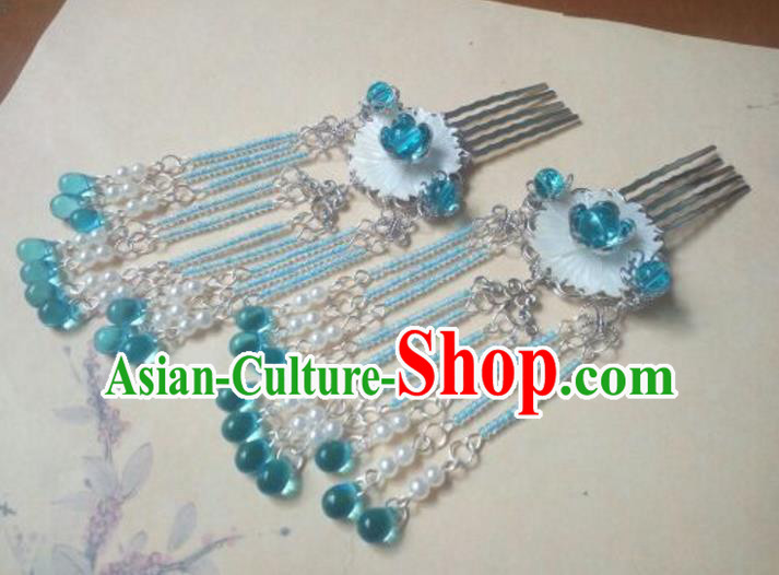 Traditional Chinese Ancient Classical Handmade Hair Accessories Blue Beads Tassel Hair Comb, Hanfu Hair Stick Hair Fascinators Hairpins for Women