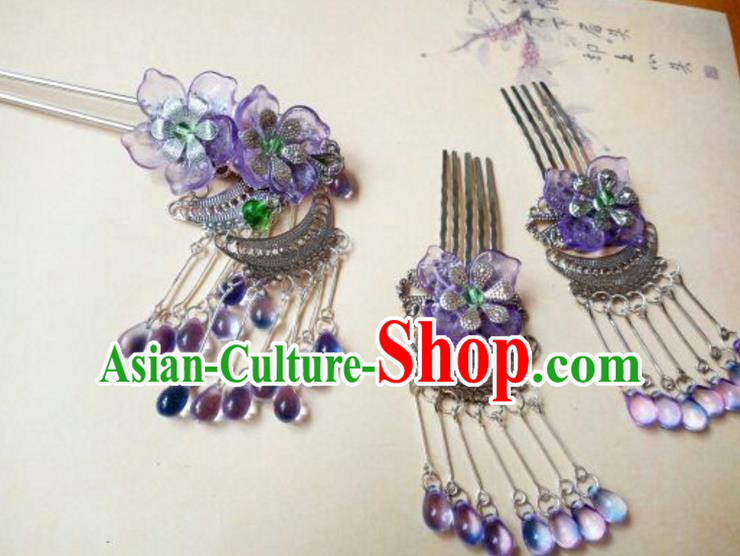Traditional Chinese Ancient Classical Handmade Hair Accessories Purple Tassel Hair Comb Complete Set, Hanfu Hair Stick Hair Fascinators Hairpins for Women