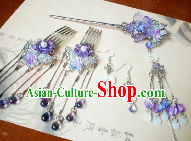 Traditional Chinese Ancient Classical Handmade Hair Accessories Purple Flowers Tassel Hair Comb Complete Set, Hanfu Hair Stick Hair Fascinators Hairpins for Women