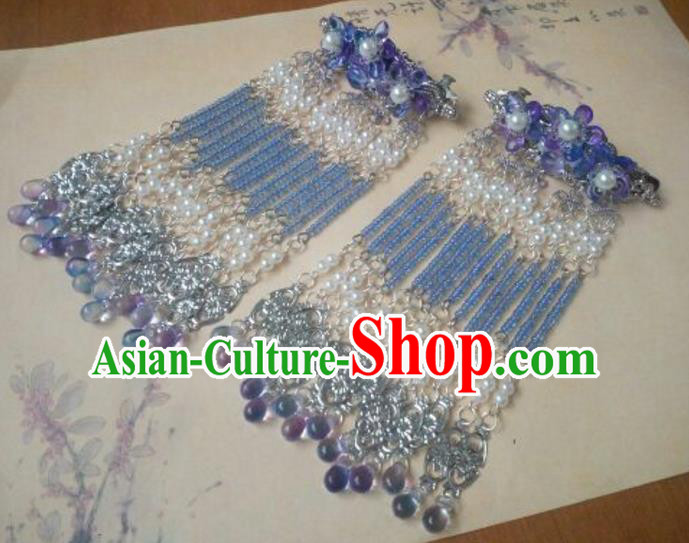 Traditional Chinese Ancient Classical Handmade Palace Lady Hairpin Hair Accessories, Hanfu Blue Tassel Hair Comb Hair Fascinators Hairpins for Women