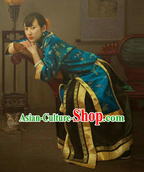 Traditional Ancient Chinese Republic of China Peeresses Costume Blue Xiuhe Suit, Elegant Hanfu Clothing Chinese Qing Dynasty Nobility Dowager Clothing for Women