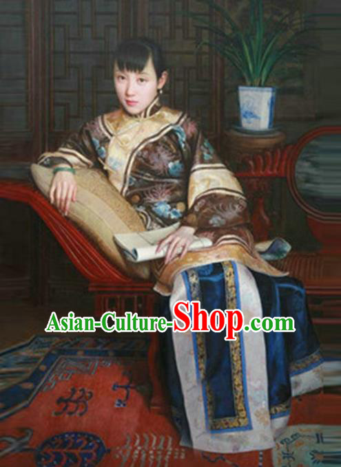 Traditional Ancient Chinese Republic of China Peeresses Costume Brown Xiuhe Suit, Elegant Hanfu Clothing Chinese Qing Dynasty Nobility Dowager Clothing for Women