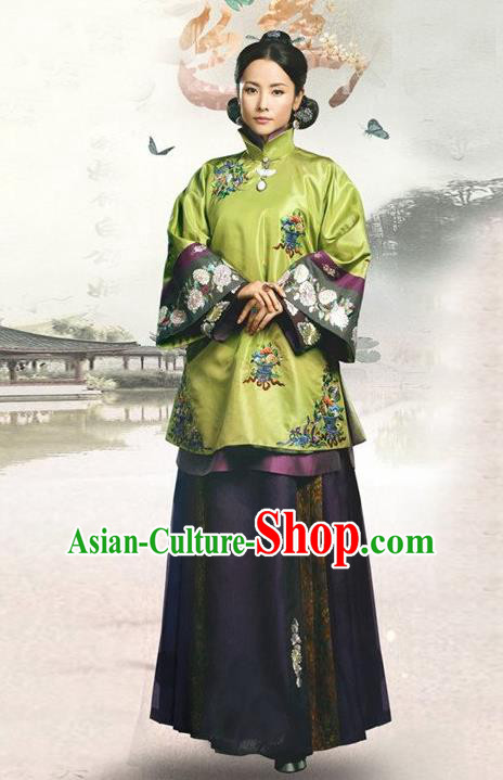 Traditional Ancient Chinese Republic of China Princess Costume Green Xiuhe Suit, Elegant Hanfu Clothing Chinese Qing Dynasty Nobility Dowager Clothing for Women