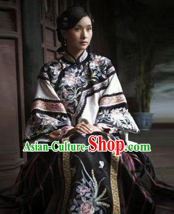 Traditional Ancient Chinese Republic of China Princess Costume Black Xiuhe Suit, Elegant Hanfu Clothing Chinese Qing Dynasty Nobility Dowager Clothing for Women