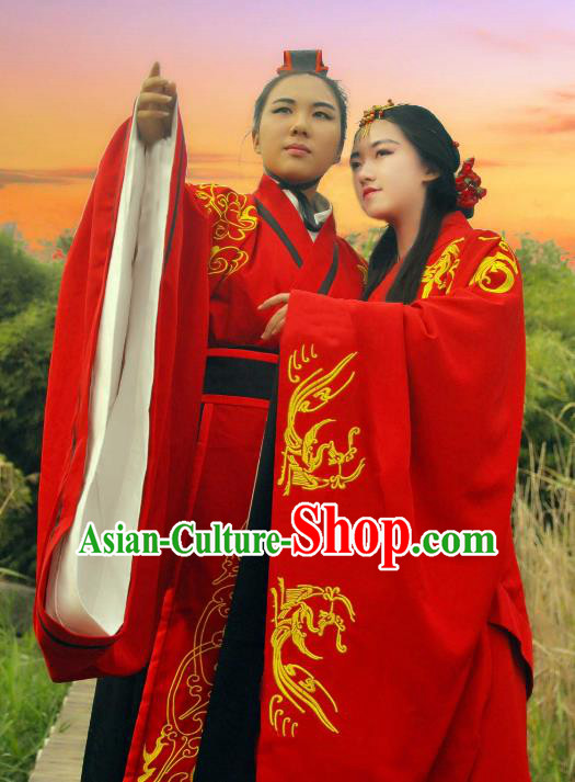 Traditional Ancient Chinese Imperial Emperor and Empress Wedding Costume, Elegant Hanfu Clothing Chinese Han Dynasty Bride and Bridegroom Embroidered Red Clothing