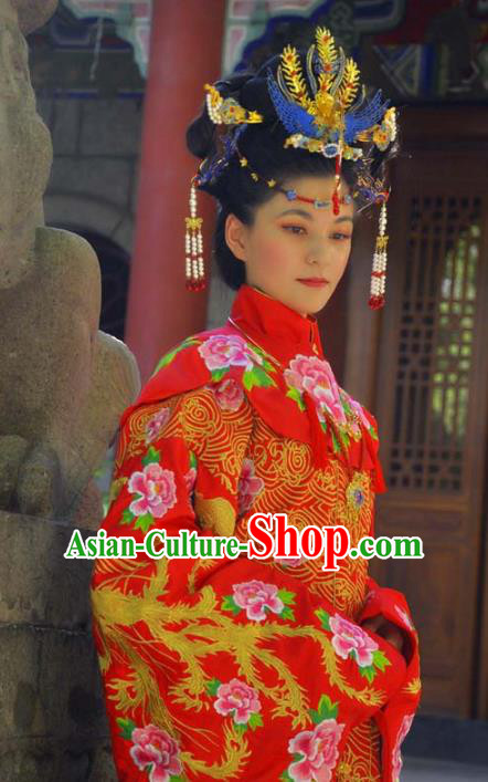 Traditional Ancient Chinese Imperial Empress Wedding Costume Complete Set, Elegant Hanfu Clothing Chinese Ming Dynasty Bride Embroidered Red Dress Clothing