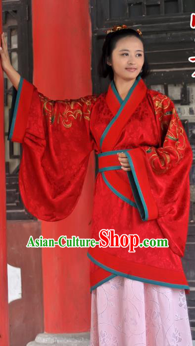 Traditional Ancient Chinese Imperial Princess Wedding Costume, Elegant Hanfu Clothing Chinese Han Dynasty Bride Embroidered Red Clothing