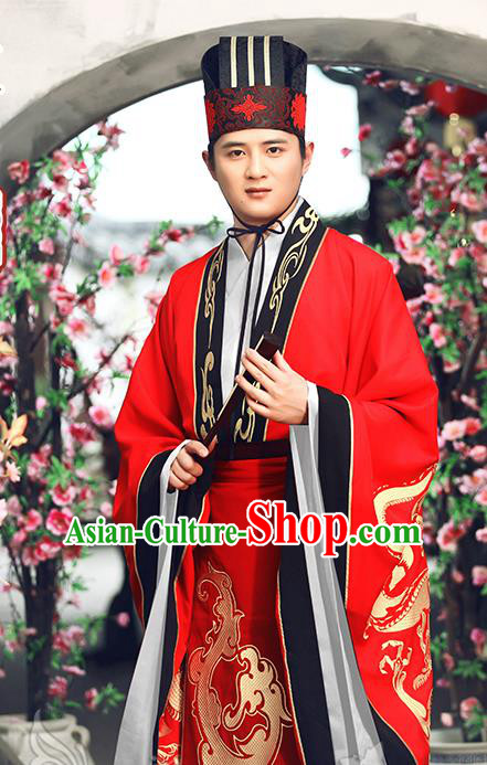 Traditional Ancient Chinese Imperial Emperor Wedding Costume, Elegant Hanfu Clothing Chinese Tang Dynasty Majesty Embroidered Red Clothing