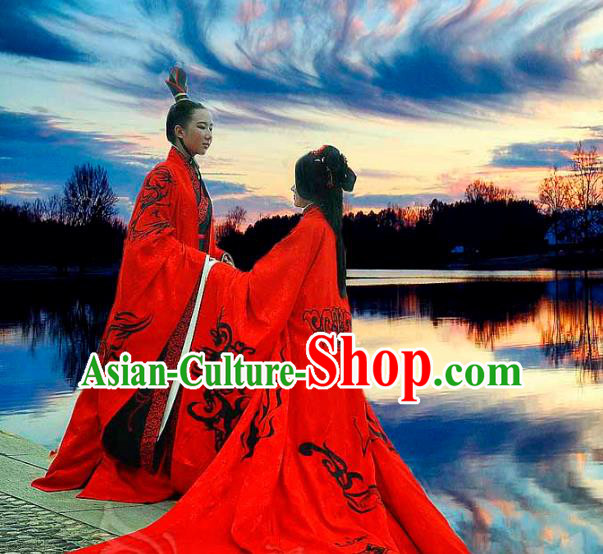 Traditional Ancient Chinese Imperial Emperor and Empress Wedding Red Costume Complete Set, Elegant Hanfu Clothing Chinese Han Dynasty Bride and Bridegroom Embroidered Clothing