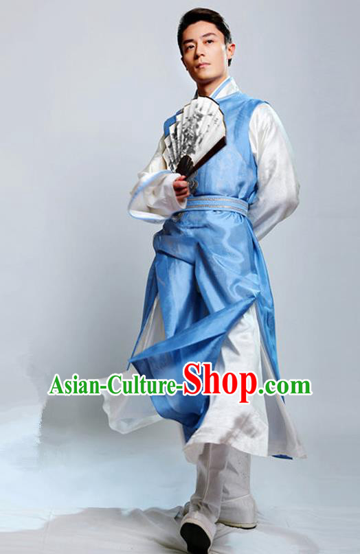 Traditional Chinese Ming Dynasty Nobility Childe Costume Swordsman Blue Long Robe, Chinese Ancient Prince Embroidery Clothing for Men