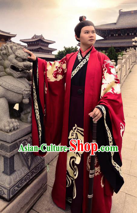 Traditional Chinese Zhou Dynasty Lang Scholar Costume Wedding Red Robe, Elegant Hanfu Chinese Emperor Embroidered Clothing for Men