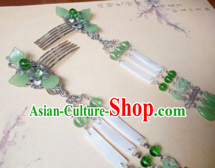 Traditional Chinese Ancient Classical Handmade Palace Princess Green Jade Hair Comb Hair Accessories, Hanfu Tassel Hair Stick Hair Fascinators Hairpins for Women