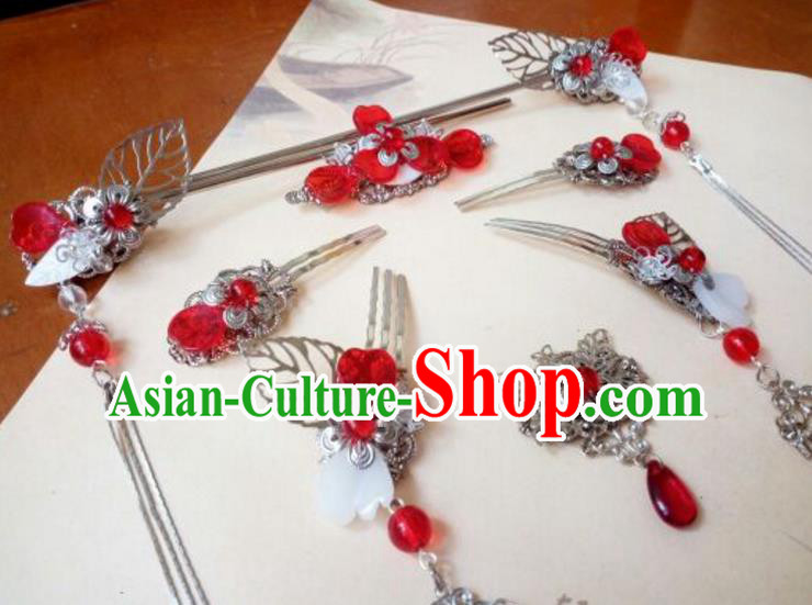 Traditional Chinese Ancient Classical Handmade Palace Princess Red Bead Hair Comb Hair Accessories Complete Set, Hanfu Tassel Hair Stick Hair Fascinators Hairpins for Women