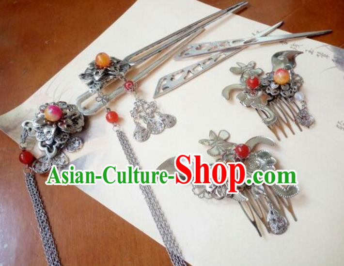 Traditional Chinese Ancient Classical Handmade Palace Princess Hair Comb Hair Accessories Complete Set, Hanfu Tassel Hair Stick Hair Fascinators Hairpins for Women