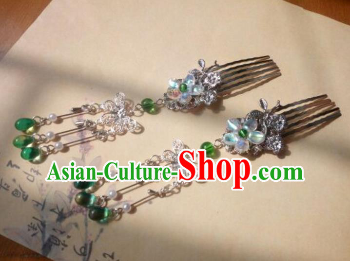 Traditional Handmade Chinese Ancient Classical Palace Lady Hair Accessories Hanfu Green Beads Tassel Hair Comb, Hair Fascinators Hairpins for Women