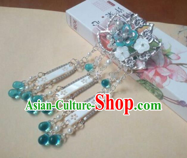 Traditional Handmade Chinese Ancient Classical Palace Lady Hair Accessories Hanfu Blue Beads Hair Comb, Hair Fascinators Lotus Hairpins for Women