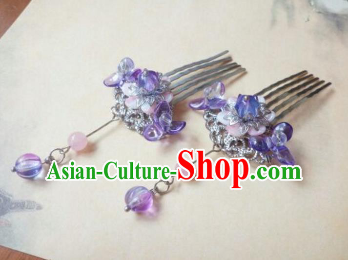 Traditional Handmade Chinese Ancient Classical Hanfu Hair Accessories Step Shake, Princess Purple Hairpins Hair Comb Headwear for Women