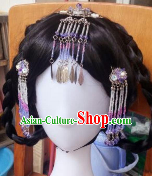 Traditional Handmade Chinese Ancient Classical Hanfu Hair Accessories Hair Comb, Princess Palace Lady Tassel Step Shake Hairpins Headwear for Women