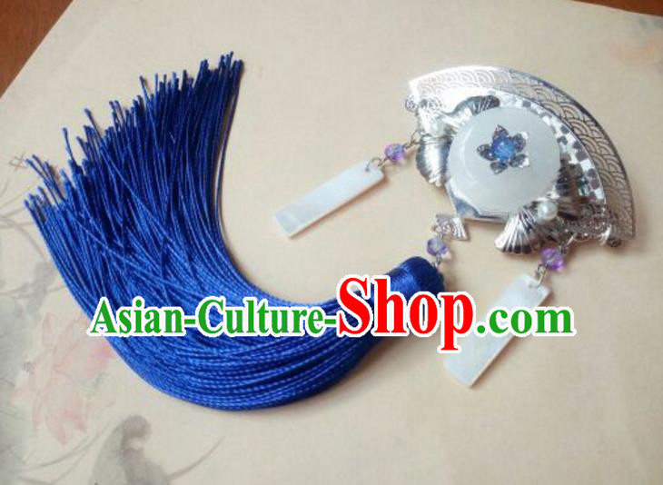 Traditional Handmade Chinese Ancient Classical Hanfu Hair Accessories Fan Jade Hair Claw, Princess Palace Lady Blue Tassel Step Shake Hairpins Headwear for Women