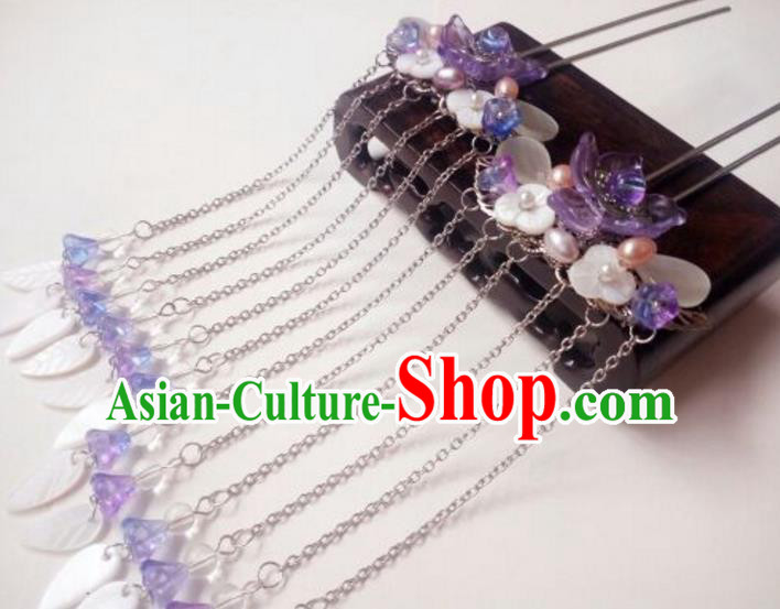 Traditional Handmade Chinese Ancient Classical Hair Accessories Tassel Shell Hairpin Purple Step Shake Headwear Hair Stick for Women