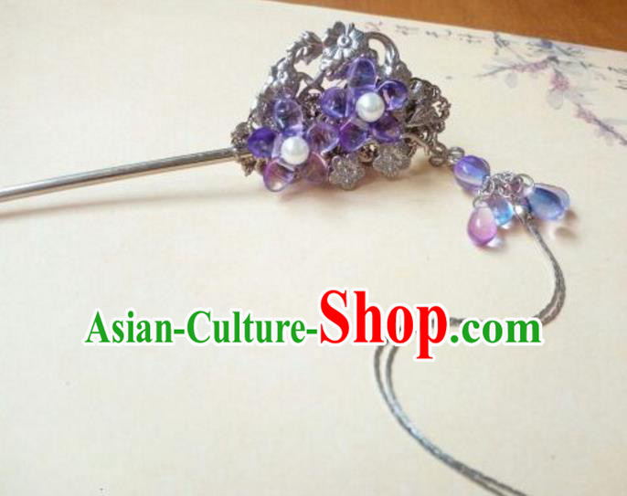 Traditional Handmade Chinese Ancient Classical Hair Accessories Purple Coloured Glaze Hairpins Tassel Step Shake for Women