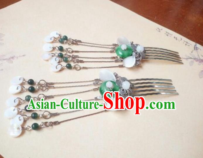 Traditional Handmade Chinese Ancient Classical Hair Accessories Hairpins Tassel Green Jade Hair Comb for Women