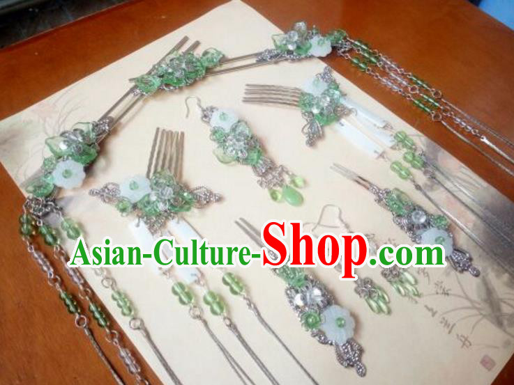 Traditional Handmade Chinese Ancient Classical Hair Accessories Complete Set, Palace Princess Hairpins Tassel Hair Comb Headwear for Women