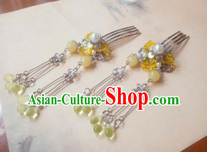 Traditional Handmade Chinese Ancient Classical Hair Accessories Yellow Bead Tassel Hair Comb Headwear for Women