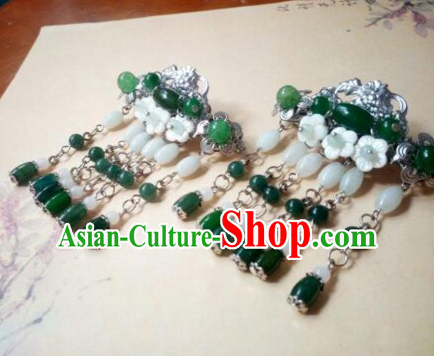 Traditional Handmade Chinese Ancient Classical Hair Accessories Green Coloured Glaze Beads Tassel Hair Stick Headwear for Women