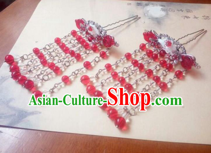 Traditional Handmade Chinese Ancient Classical Hair Accessories Red Beads Tassel Hairpins Headwear for Women